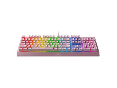 pink Razer keyboard -  BlackWidow V3 Mechanical Gaming Keyboard: Green Mechanical Switches - Tactile & Clicky - Chroma RGB Lighting - Compact Form Factor - Programmable Macro Functionality - Quartz Pink - Game-Savvy