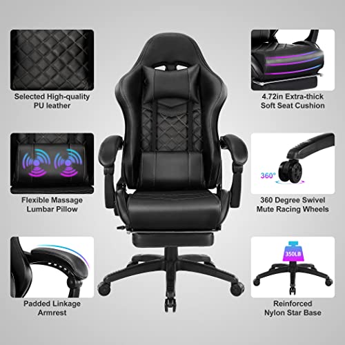 Blue Whale Heavy Duty Gaming Chair with Footrest and Massage, 350LBS Reinforced Base, High Back Racing Computer Chair with Adjustable Linked Armrest, PU Leather Ergonomic Office Chair - Game-Savvy