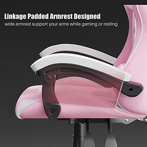 Pink Gaming Chair, Reclining High Back PU Leather Office Desk Chair with Headrest and Lumbar Support, Adjustable Swivel Rolling Video Game Chairs Ergonomic Racing Computer Chair - Game-Savvy