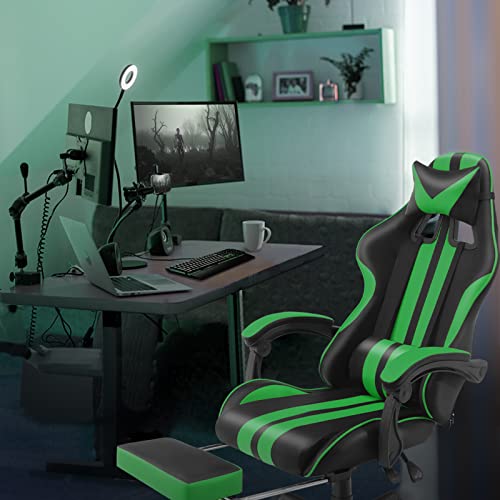 Ferghana E-Sports Chair,Gaming Chair,Racing Office Computer Game Chair,Ergonomic Gaming Chair,Racing Style with Adjustable Recliner and Retractable Footrest and Headrest/Lumbar Pillow(Green) - Game-Savvy