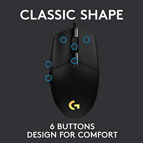 Logitech G203 Wired Gaming Mouse, 8,000 DPI, Rainbow Optical Effect LIGHTSYNC RGB, 6 Programmable Buttons, On-Board Memory, Screen Mapping, PC/Mac Computer and Laptop Compatible - Black - Game-Savvy