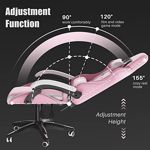 Pink Gaming Chair, Reclining High Back PU Leather Office Desk Chair with Headrest and Lumbar Support, Adjustable Swivel Rolling Video Game Chairs Ergonomic Racing Computer Chair - Game-Savvy