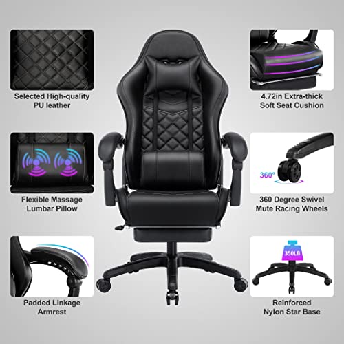 Blue Whale Gaming Chair Office Chair with Massage and Footrest, 350LBS Reinforced Base, High Back Racing Computer Chair with Adjustable Linked Armrest, PU Leather PC Chair - Game-Savvy