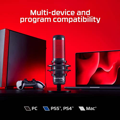 HyperX QuadCast - USB Condenser Gaming Microphone, for PC, PS4, PS5 and Mac, Anti-Vibration Shock Mount, Four Polar Patterns, Pop Filter, Gain Control, Podcasts, Twitch, YouTube, Discord, Red LED - Game-Savvy