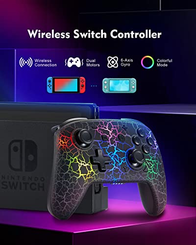 Switch Controller, Wireless Switch Pro Controller for Switch/Switch Lite/Switch OLED, 8 Colors Adjustable LED Wireless Remote Gamepad with Unique Crack/Turbo/Motion Control (Black) - Game-Savvy