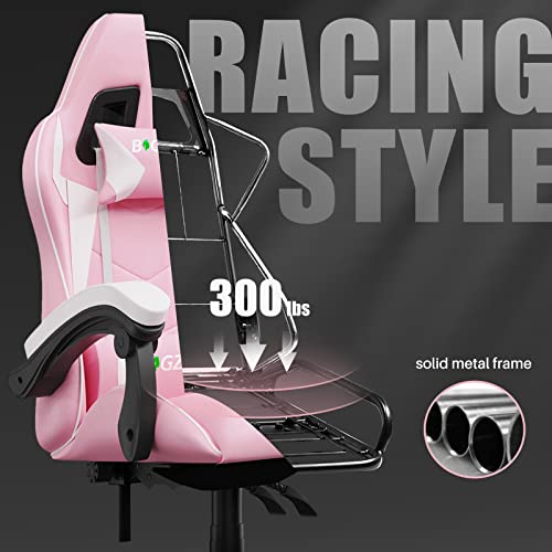 Pink Gaming Chair, Reclining High Back PU Leather Office Desk Chair with Headrest and Lumbar Support, Adjustable Swivel Rolling Video Game Chairs Ergonomic Racing Computer Chair - Game-Savvy