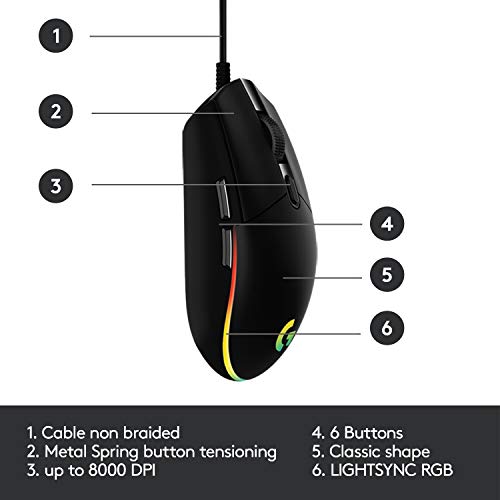 Logitech G203 Wired Gaming Mouse, 8,000 DPI, Rainbow Optical Effect LIGHTSYNC RGB, 6 Programmable Buttons, On-Board Memory, Screen Mapping, PC/Mac Computer and Laptop Compatible - Black - Game-Savvy