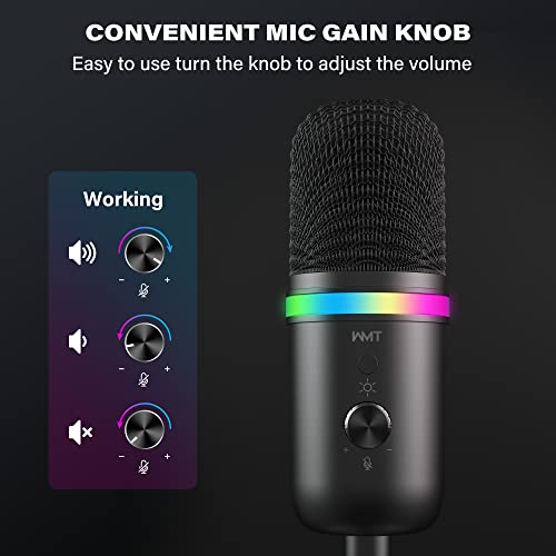 USB Microphone-WMT Condenser Gaming Microphone for PC/MAC/PS4/PS5/Phone- Cardioid Mic with Brilliant RGB Lighting Headphone Output Volume Control, Mute Button, for Streaming Podcast YouTube Discord - Game-Savvy