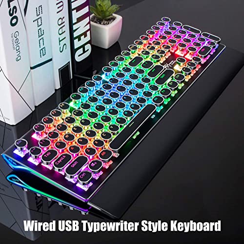 RK ROYAL KLUDGE S108 Typewriter Style Retro Mechanical Gaming Keyboard Wired with True RGB Backlit Collapsible Wrist Rest 108-Key Blue Switch Round Keycap - Black - Game-Savvy