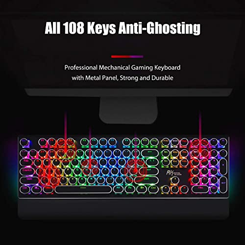 RK ROYAL KLUDGE S108 Typewriter Style Retro Mechanical Gaming Keyboard Wired with True RGB Backlit Collapsible Wrist Rest 108-Key Blue Switch Round Keycap - Black - Game-Savvy