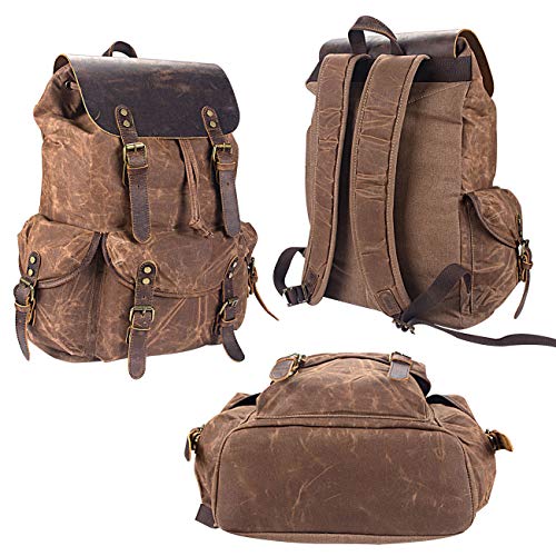 WUDON Leather Backpack for Men, Waxed Canvas Shoulder Rucksack for Travel School - Game-Savvy