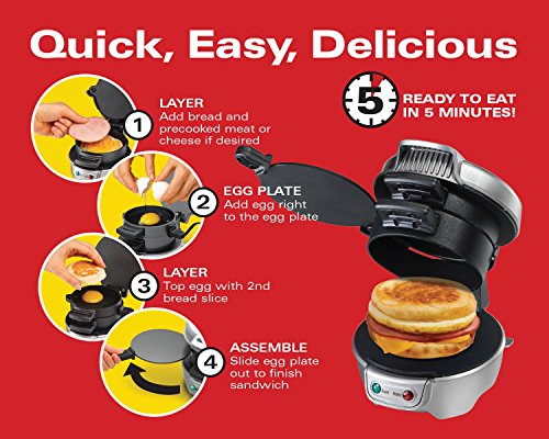 Hamilton Beach Breakfast Sandwich Maker with Egg Cooker Ring, Customize Ingredients, Perfect for English Muffins, Croissants, Mini Waffles, Single, Silver (25475A) Discontinued - Game-Savvy