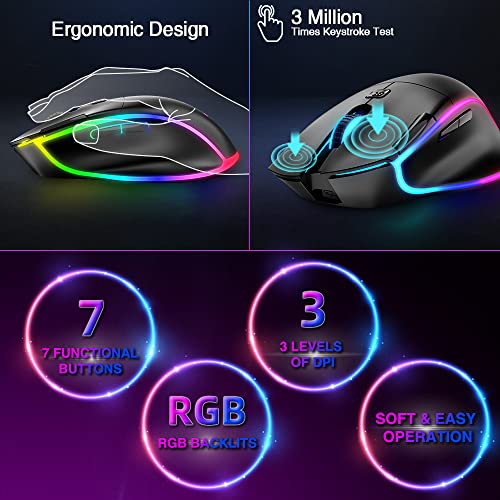 BENGOO KM-2 Wireless Gaming Mouse, Computer Mouse USB Wireless Mouse with 7 Programmed Buttons 3 Adjustable DPI RGB Backlits Rapid Fire Button, Ergonomic Optical Gamer Mice for Windows PC Mac - Game-Savvy