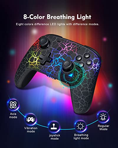Switch Controller, Wireless Switch Pro Controller for Switch/Switch Lite/Switch OLED, 8 Colors Adjustable LED Wireless Remote Gamepad with Unique Crack/Turbo/Motion Control (Black) - Game-Savvy
