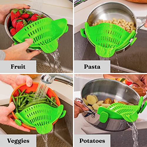 Kitchen Gizmo Snap N Strain Pot Strainer and Pasta Strainer - Adjustable Silicone Clip On Strainer for Pots, Pans, and Bowls - Kitchen Colander - Lime Green - Game-Savvy
