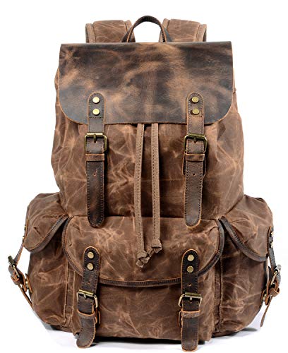 WUDON Leather Backpack for Men, Waxed Canvas Shoulder Rucksack for Travel School - Game-Savvy