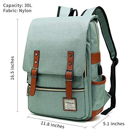 Mancio Vintage Laptop Backpack with USB Charging Port, Slim Tear Resistant Business Backpack for Travelling, College, School, Casual Daypacks for Men,Women, Fits up to 15.6Inch Notebook, Green - Game-Savvy