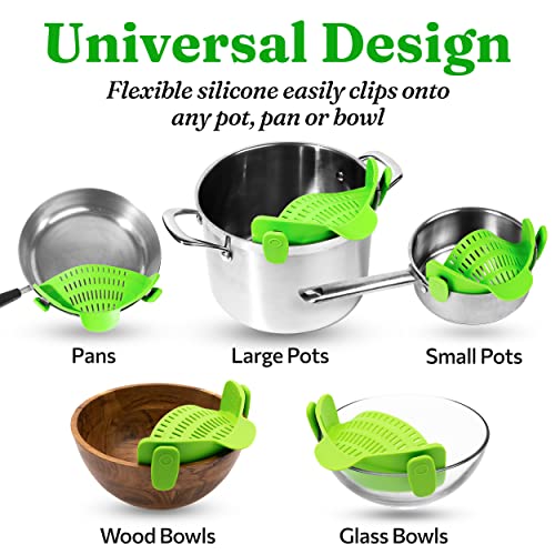 Kitchen Gizmo Snap N Strain Pot Strainer and Pasta Strainer - Adjustable Silicone Clip On Strainer for Pots, Pans, and Bowls - Kitchen Colander - Lime Green - Game-Savvy