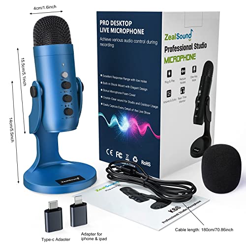 ZealSound USB Microphone, Condenser Gaming Microphone pc for Phone/Laptop/PC/PS4/5/Computer,Microphone with Gain Knob,LED Mute,Monitor Volume Adjustment,Stand Base for Streaming, Podcast, Studio Recording (Blue) - Game-Savvy