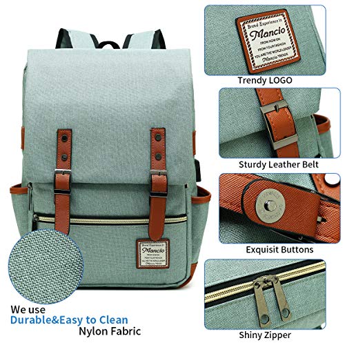 Mancio Vintage Laptop Backpack with USB Charging Port, Slim Tear Resistant Business Backpack for Travelling, College, School, Casual Daypacks for Men,Women, Fits up to 15.6Inch Notebook, Green - Game-Savvy