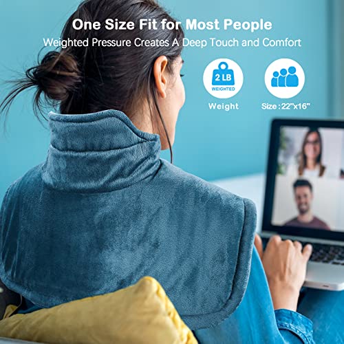 Heating Pad for Neck and Shoulders, 2lb Large Weighted Neck Heating Pad Electric for Neck Shoulder Pain Relief, 6 Heat Settings 4 Auto-Off, Gifts for Women Men Mom Dad, 16"x23" (Blue) - Game-Savvy