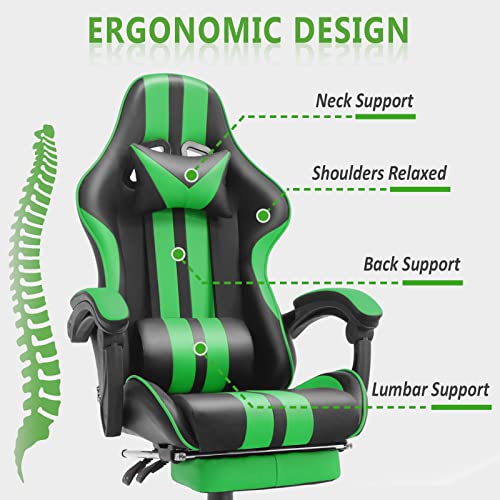 Ferghana E-Sports Chair,Gaming Chair,Racing Office Computer Game Chair,Ergonomic Gaming Chair,Racing Style with Adjustable Recliner and Retractable Footrest and Headrest/Lumbar Pillow(Green) - Game-Savvy