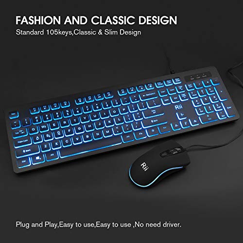 Rii Three Colors Backlit Business Keyboard,Gaming Keyboard and Mouse Combo,USB Wired Keyboard,RGB Optical Mouse for Gaming,Business Office - Game-Savvy