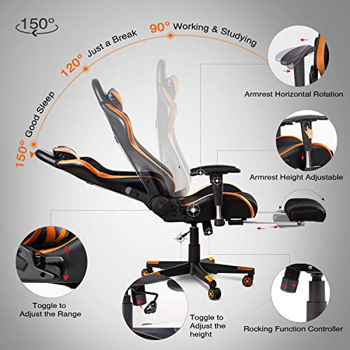 AA Products Gaming Chair High Back Ergonomic Computer Racing Chair Adjustable Office Chair with Footrest, Lumbar Support Swivel Chair - Orange - Game-Savvy