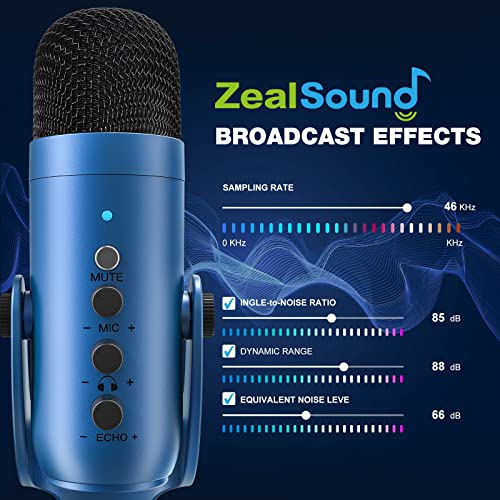 ZealSound USB Microphone, Condenser Gaming Microphone pc for Phone/Laptop/PC/PS4/5/Computer,Microphone with Gain Knob,LED Mute,Monitor Volume Adjustment,Stand Base for Streaming, Podcast, Studio Recording (Blue) - Game-Savvy