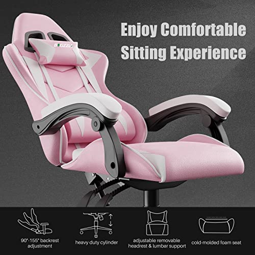 Pink Gaming Chair, Reclining High Back PU Leather Office Desk Chair with Headrest and Lumbar Support, Adjustable Swivel Rolling Video Game Chairs Ergonomic Racing Computer Chair - Game-Savvy