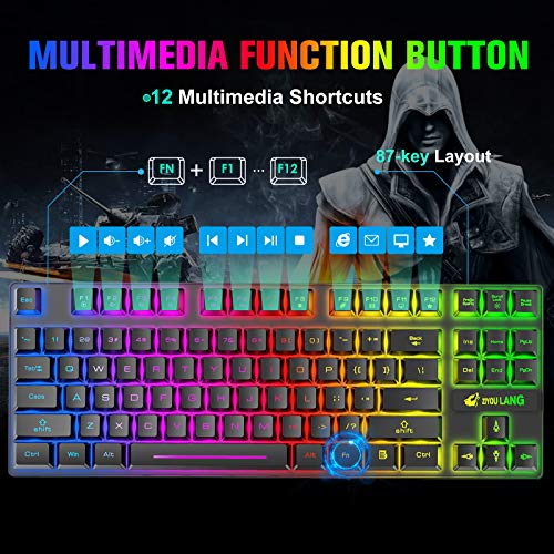 Wireless Gaming Keyboard and Mouse Combo with 87 Key Rainbow LED Backlight Rechargeable 3800mAh Battery Mechanical Feel Anti-ghosting Ergonomic Waterproof RGB Mute Mice for Computer PC Gamer (Black) - Game-Savvy