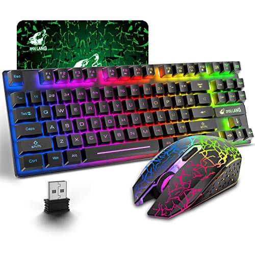 Wireless Gaming Keyboard and Mouse Combo with 87 Key Rainbow LED Backlight Rechargeable 3800mAh Battery Mechanical Feel Anti-ghosting Ergonomic Waterproof RGB Mute Mice for Computer PC Gamer (Black) - Game-Savvy