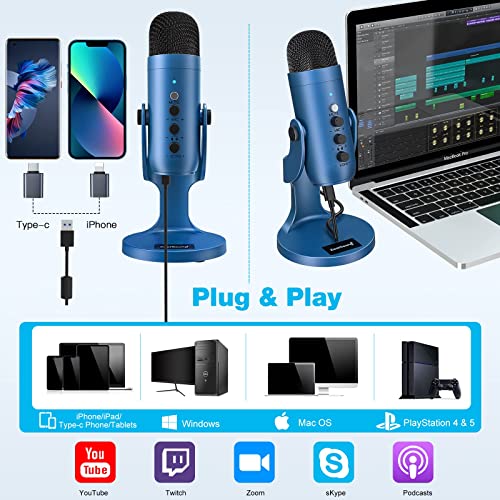 ZealSound USB Microphone, Condenser Gaming Microphone pc for Phone/Laptop/PC/PS4/5/Computer,Microphone with Gain Knob,LED Mute,Monitor Volume Adjustment,Stand Base for Streaming, Podcast, Studio Recording (Blue) - Game-Savvy