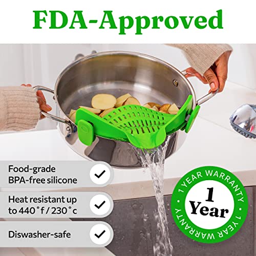 Kitchen Gizmo Snap N Strain Pot Strainer and Pasta Strainer - Adjustable Silicone Clip On Strainer for Pots, Pans, and Bowls - Kitchen Colander - Lime Green - Game-Savvy