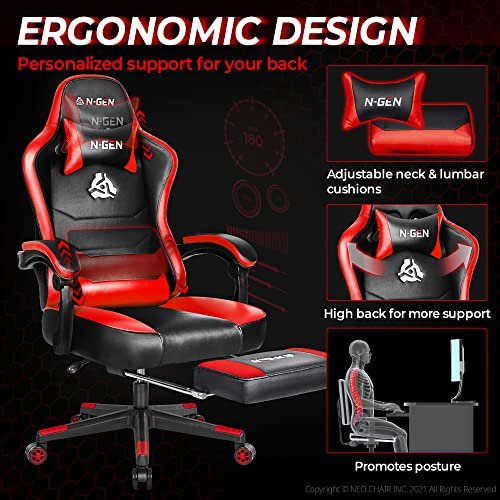 N-GEN Gaming Chair with Footrest Levelled Seat Style PU Leather Adjustable Ergonomic Lumbar Support High Back Office Swivel Computer Desk Headrest Design E-Sports PC Gamer Height Reclining (3. Red) - Game-Savvy