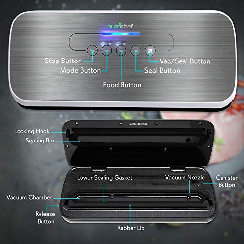 NutriChef PKVS Sealer | Automatic Vacuum Air Sealing System Preservation w/Starter Kit | Compact Design | Lab Tested | Dry & Moist Food Modes | Led Indicator Lights, 12", Silver - Game-Savvy