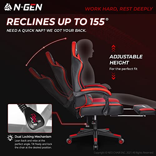 N-GEN Gaming Chair with Footrest Levelled Seat Style PU Leather Adjustable Ergonomic Lumbar Support High Back Office Swivel Computer Desk Headrest Design E-Sports PC Gamer Height Reclining (3. Red) - Game-Savvy