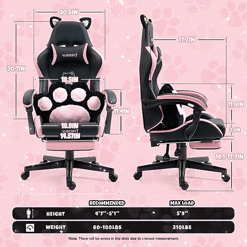 Vigosit Cute Gaming Chair with Cat Paw Lumbar Cushion and Cat Ears, Ergonomic Computer Chair with Footrest, Reclining PC Game Chair for Girl, Teen, Kids, Black Pink - Game-Savvy