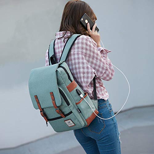 Mancio Vintage Laptop Backpack with USB Charging Port, Slim Tear Resistant Business Backpack for Travelling, College, School, Casual Daypacks for Men,Women, Fits up to 15.6Inch Notebook, Green - Game-Savvy