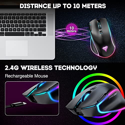 BENGOO KM-2 Wireless Gaming Mouse, Computer Mouse USB Wireless Mouse with 7 Programmed Buttons 3 Adjustable DPI RGB Backlits Rapid Fire Button, Ergonomic Optical Gamer Mice for Windows PC Mac - Game-Savvy