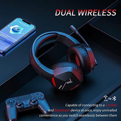 BINNUNE Wireless Gaming Headset with Microphone for PC PS4 PS5 Playstation 4 5, 2.4G Wireless Bluetooth USB Gamer Headphones with Mic for Laptop Computer - Game-Savvy