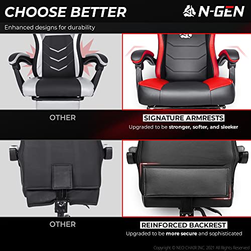 N-GEN Gaming Chair with Footrest Levelled Seat Style PU Leather Adjustable Ergonomic Lumbar Support High Back Office Swivel Computer Desk Headrest Design E-Sports PC Gamer Height Reclining (3. Red) - Game-Savvy