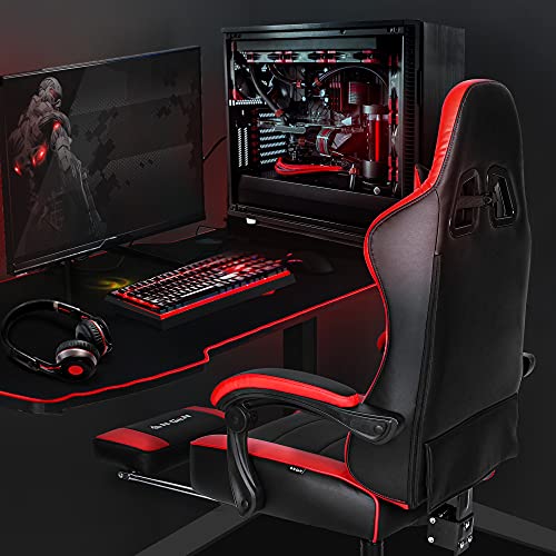 N-GEN Gaming Chair with Footrest Levelled Seat Style PU Leather Adjustable Ergonomic Lumbar Support High Back Office Swivel Computer Desk Headrest Design E-Sports PC Gamer Height Reclining (3. Red) - Game-Savvy