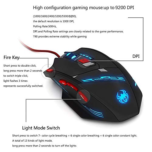 Zelotes T90 Gaming Mouse 9200 DPI, 8 Programmable Buttons Multi-Modes LED Lights USB Gaming Mice, Weight Tuning for Laptop, Desktop, PC,- Black - Game-Savvy