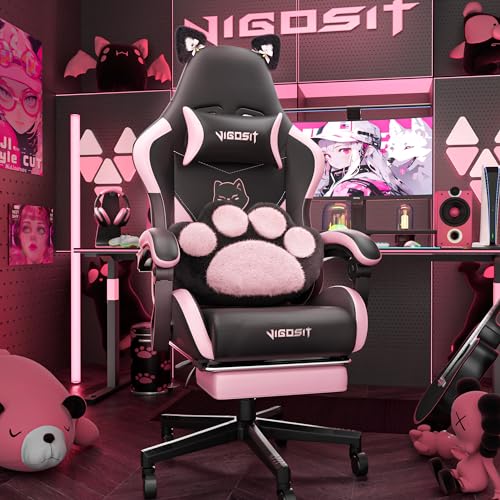 Vigosit Cute Gaming Chair with Cat Paw Lumbar Cushion and Cat Ears, Ergonomic Computer Chair with Footrest, Reclining PC Game Chair for Girl, Teen, Kids, Black Pink - Game-Savvy