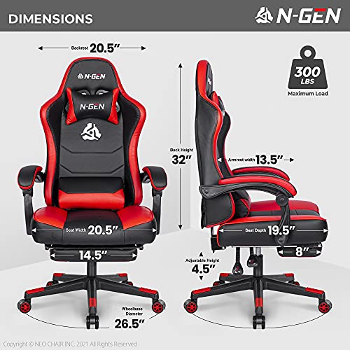 N-GEN Gaming Chair with Footrest Levelled Seat Style PU Leather Adjustable Ergonomic Lumbar Support High Back Office Swivel Computer Desk Headrest Design E-Sports PC Gamer Height Reclining (3. Red) - Game-Savvy