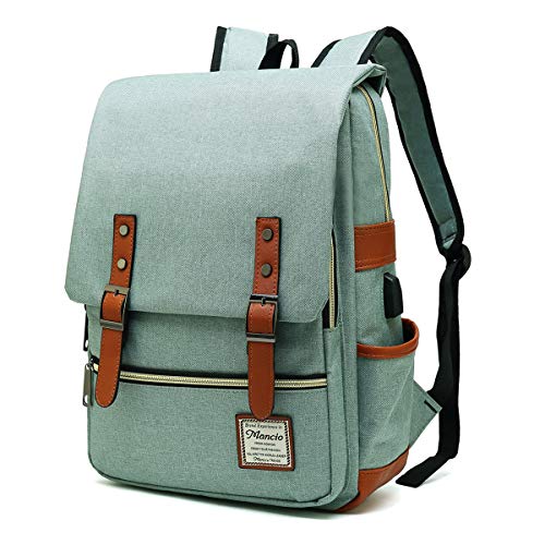 Mancio Vintage Laptop Backpack with USB Charging Port, Slim Tear Resistant Business Backpack for Travelling, College, School, Casual Daypacks for Men,Women, Fits up to 15.6Inch Notebook, Green - Game-Savvy