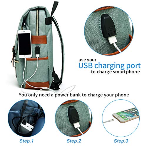 Mancio Vintage Laptop Backpack with USB Charging Port, Slim Tear Resistant Business Backpack for Travelling, College, School, Casual Daypacks for Men,Women, Fits up to 15.6Inch Notebook, Green - Game-Savvy