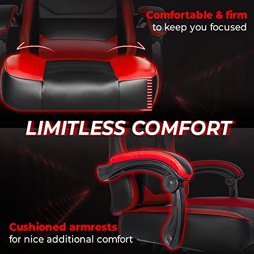 N-GEN Gaming Chair with Footrest Levelled Seat Style PU Leather Adjustable Ergonomic Lumbar Support High Back Office Swivel Computer Desk Headrest Design E-Sports PC Gamer Height Reclining (3. Red) - Game-Savvy