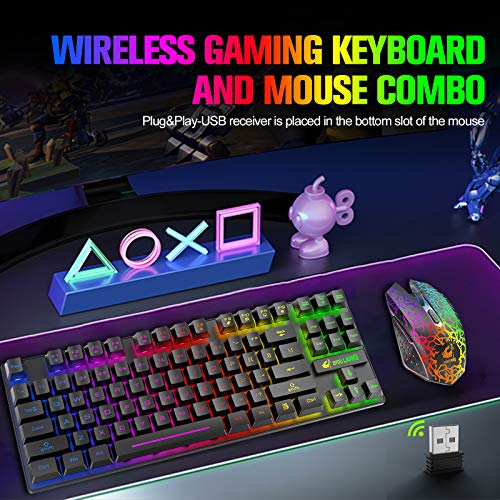 Wireless Gaming Keyboard and Mouse Combo with 87 Key Rainbow LED Backlight Rechargeable 3800mAh Battery Mechanical Feel Anti-ghosting Ergonomic Waterproof RGB Mute Mice for Computer PC Gamer (Black) - Game-Savvy